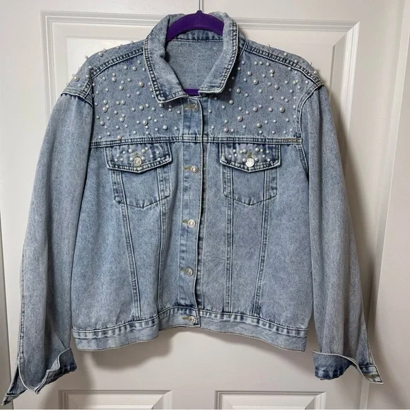 Pearl Embellished Denim Jean Jacket Button Front Long Sleeve Light Blue Wash - Picture 10 of 16